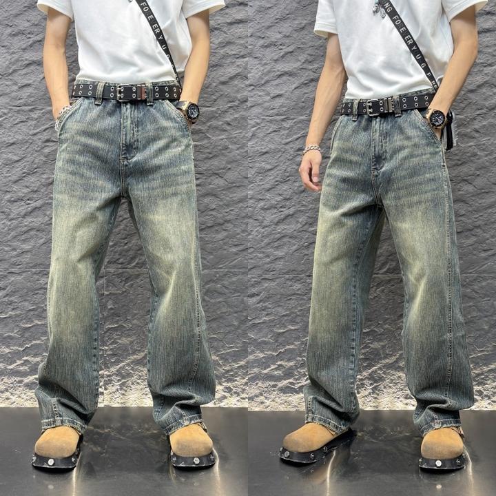 复古做旧纯色蓝色直筒牛仔宽松阔腿长裤休闲复古做旧高腰牛仔长裤