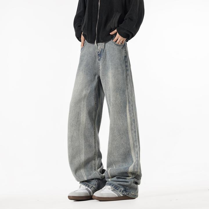 欧美高街设计感潮牌泼墨牛仔裤男直筒宽松显瘦秋季嘻哈做旧长裤子