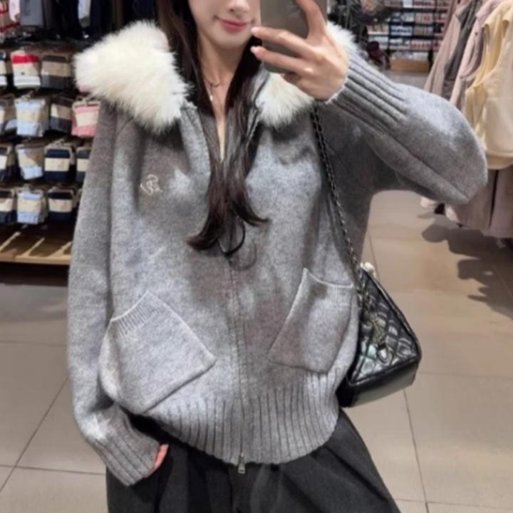 宽松慵懒浅灰色大毛领连帽针织开衫女秋冬季休闲外套拉链长袖上衣