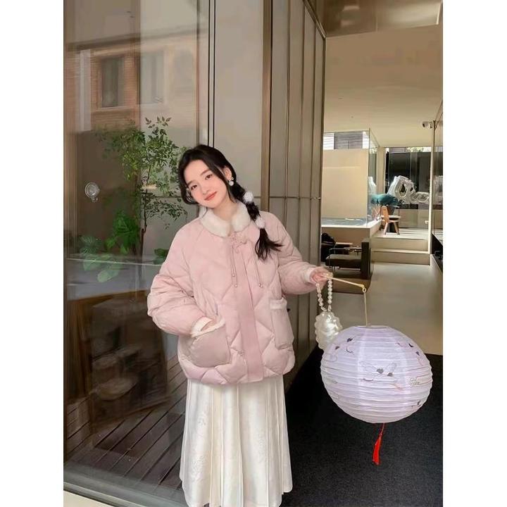 温暖抱抱 国风小个子定制浮雕刻花毛毛领加厚棉服外套