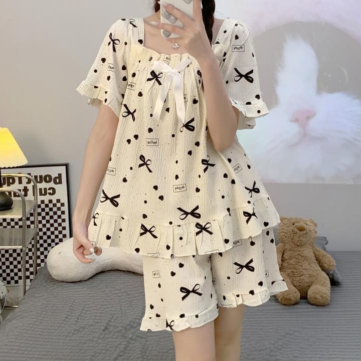 睡衣女夏季新款泡泡棉短袖宽松加肥加大码250斤可外穿家居服套装