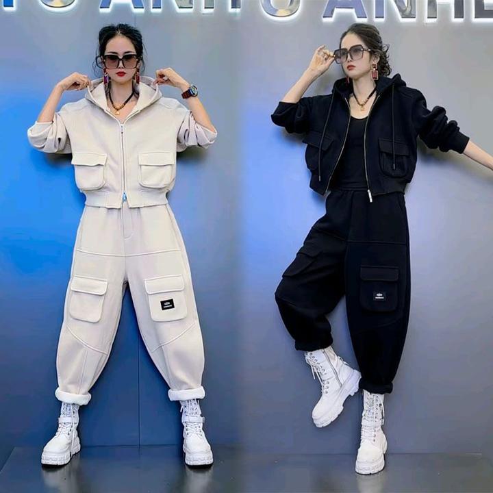 新款潮牌冬季套装女加绒加厚工装连帽卫衣宽松长裤休闲运动两件套