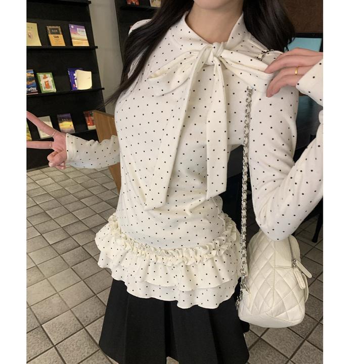 新款黑色波点元素绑带设计双层花边长袖T恤百搭温柔W1179