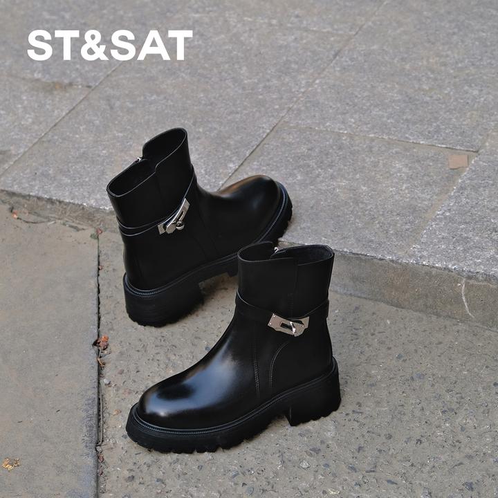 【高奢系列】星期六秋冬新款2025炸街短靴黑色气质御姐范流行小皮靴