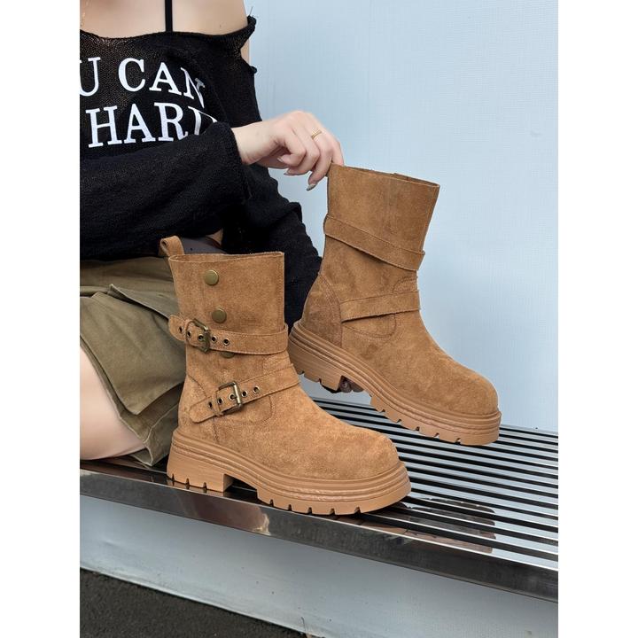 2025秋冬新款时尚小众西部牛仔靴女覆古美拉德骑士靴短筒马丁靴