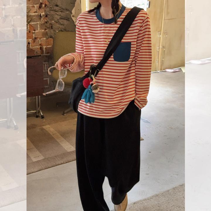 莉贝琳sisy条纹T恤时尚撞色宽松休闲百搭显瘦长袖S25103TS14