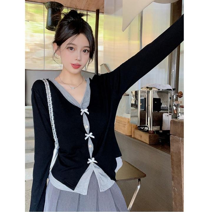 春秋款百搭老钱风女装T恤韩版纯欲时尚假两件显瘦ins气质长袖上衣