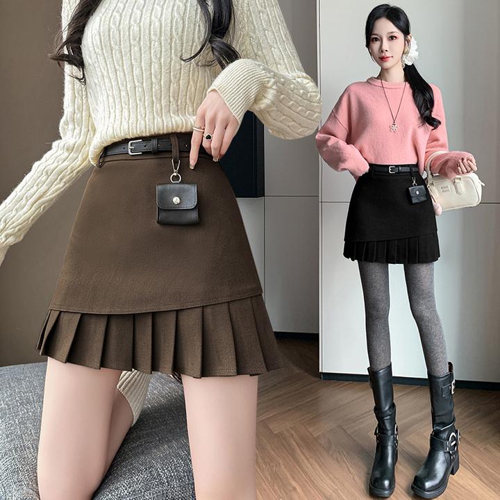 2025秋冬新款毛呢裙高腰显瘦百褶裙时尚气质百搭防走光A字半身裙