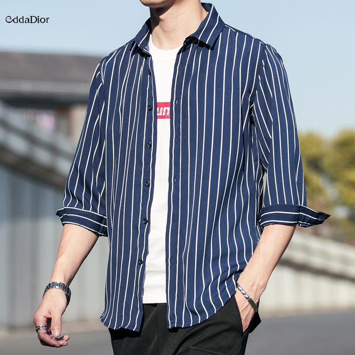 eddadior法国轻奢品牌春季条纹七分袖衬衫薄款时尚潮流男装帅气