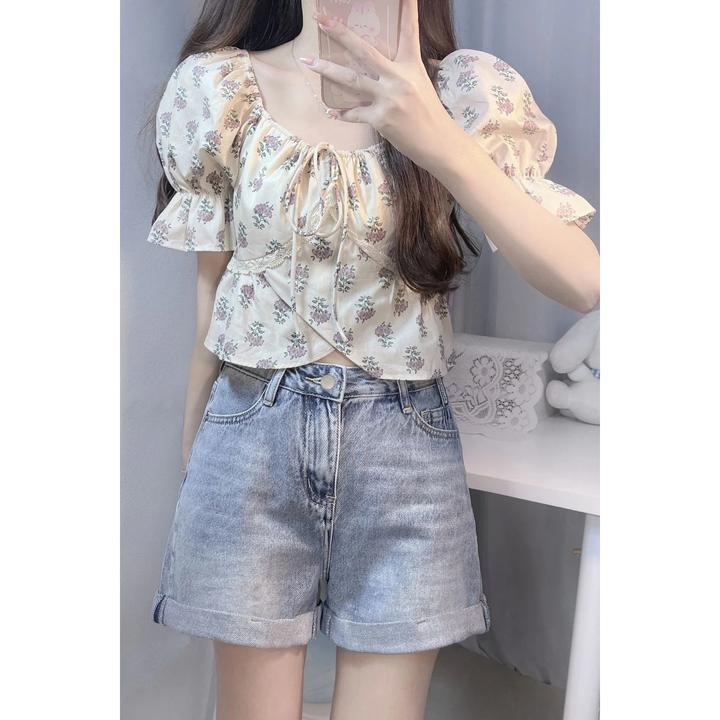 法式碎花方领短袖衬衫女夏季甜美系带泡泡袖上衣高腰
