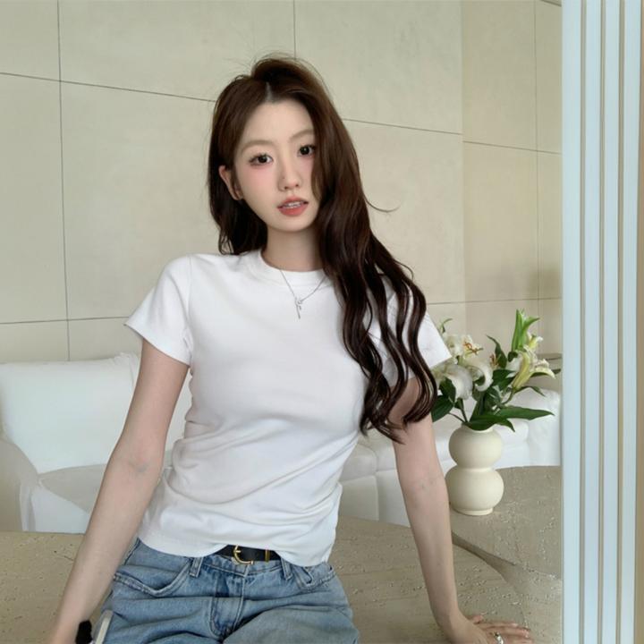2025夏季新款小高领白色T恤女韩版简约百搭上衣修身正肩95棉短袖