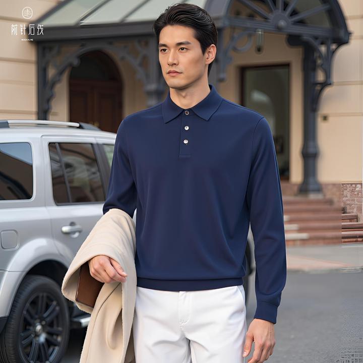 纯羊毛男士翻领羊毛衫polo衫男装秋冬老钱风纯色琥珀流光机洗男款