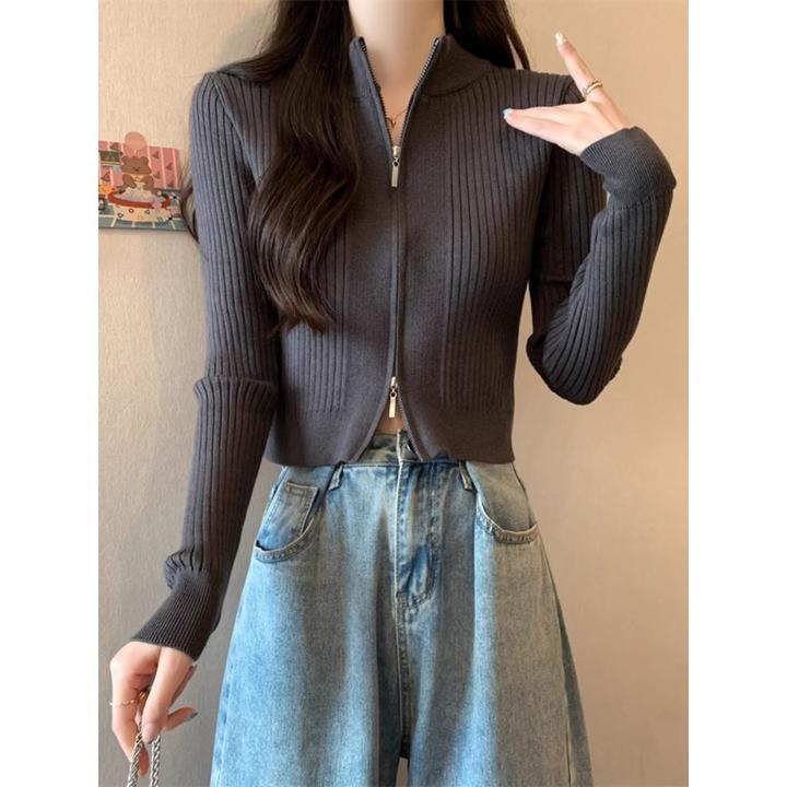 【万达撤柜】半高领双拉炼女式春秋季针织开衫短款潮汕针织夹克高端