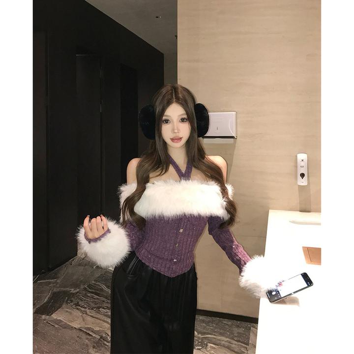 轻奢网红款紫酪少女设计感毛领可拆卸露肩挂脖针织显瘦内搭上衣冬