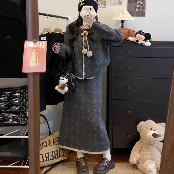 韩系休闲小香风套装女2025秋冬宽松小碎花针织开衫半身裙两件套装