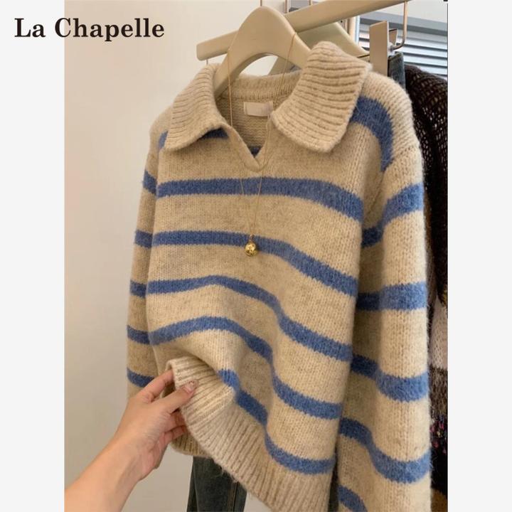 拉夏贝尔蓝色条纹polo翻领长袖针织衫毛衣女春秋新款美式软糯上衣