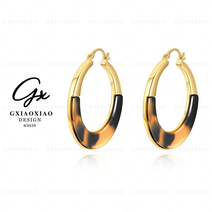 G XIAOXIAO 镀K金 时尚琥珀流光圆形豹纹简约百搭耳环 B3H39