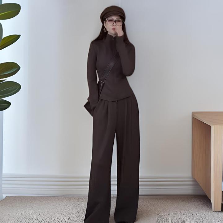 秋季极简高级感休闲运动套装女修身收腰纯欲开衫上衣阔腿裤两件套