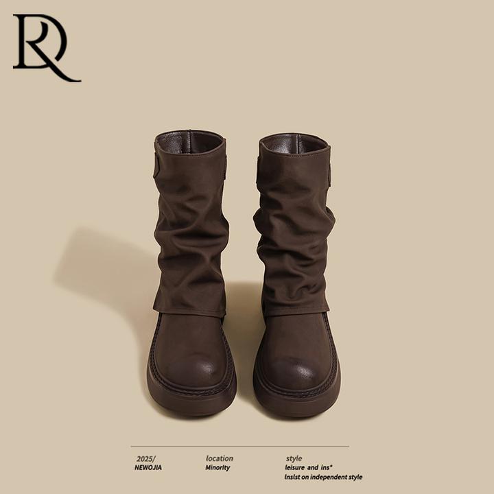 2025秋冬季新款厚底骑士短靴女棕色堆堆褶皱裤管靴增高英伦马丁靴