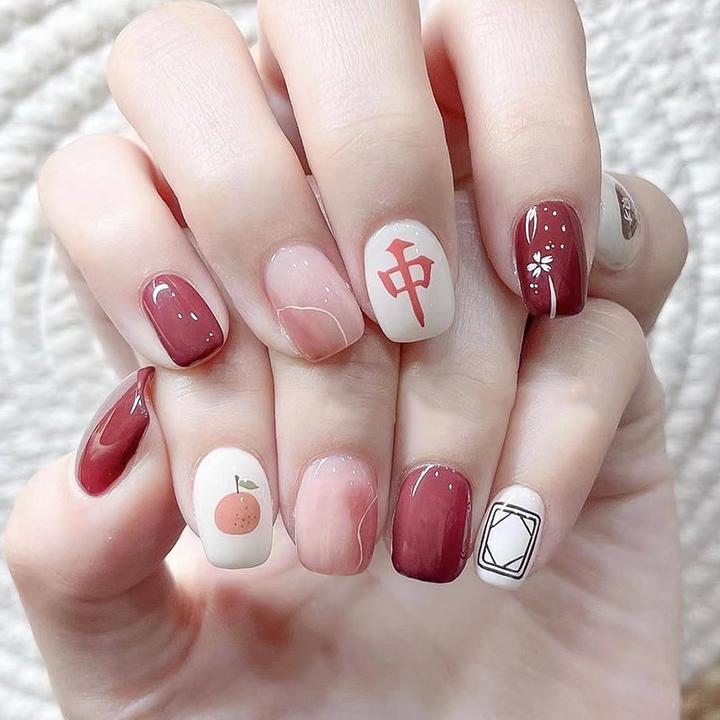 大桔大利穿戴甲麻将指甲贴片红中假指甲美甲贴片成品美甲片24片