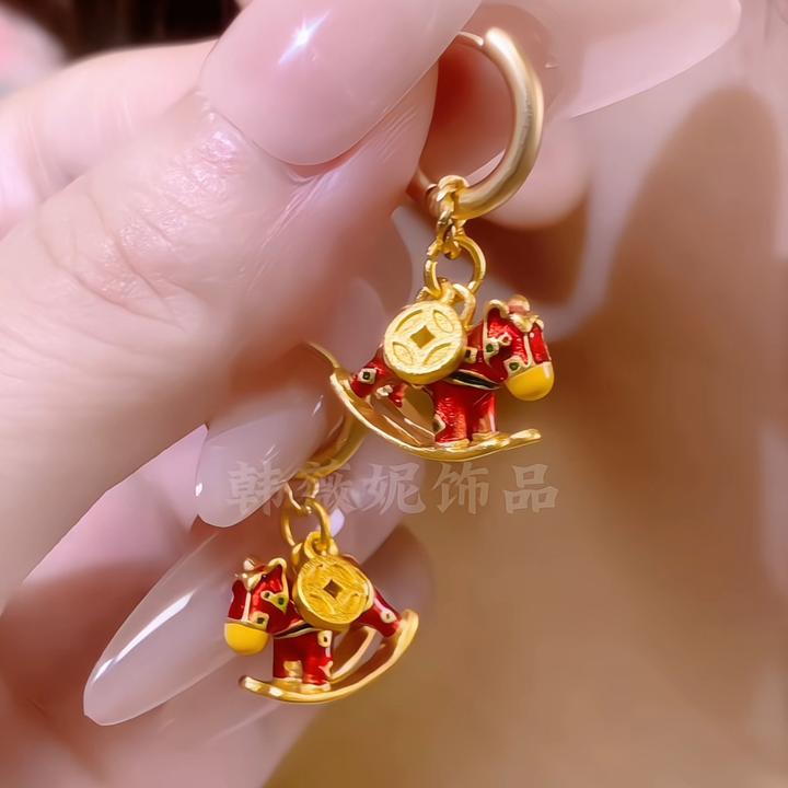 铜合金耳饰 新款马上发财气质高级感轻奢红色小众设计感耳饰