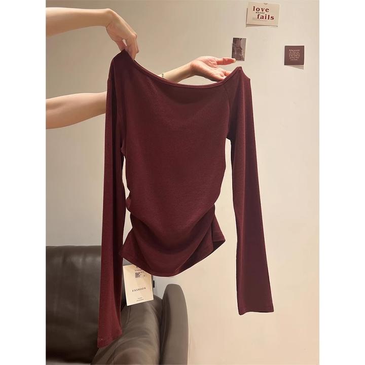新年红色斜肩长袖T恤女2025春季新款内搭褶皱收腰辣妹打底衫上衣
