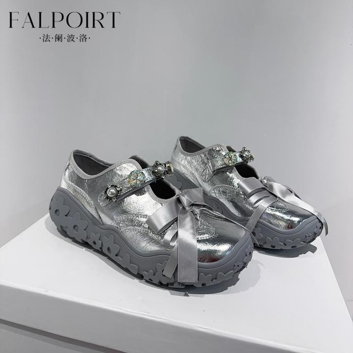FALPOIRT高端轻奢玛丽珍鞋女真皮水钻德训鞋银色厚底时尚休闲单鞋