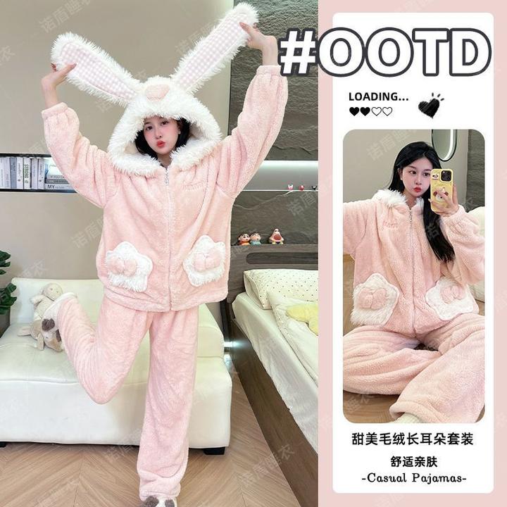 2025冬季加绒加厚珊瑚绒蝴蝶结睡衣卡通保暖长毛绒宽松家居服外穿