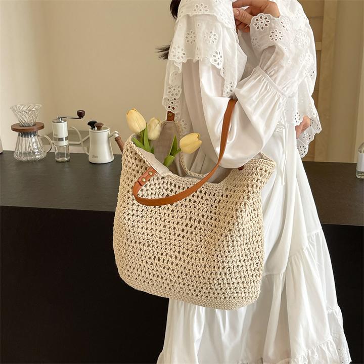 时尚【田园风】大容量镂空编织女包单肩百搭沙滩托特包2025新款F04