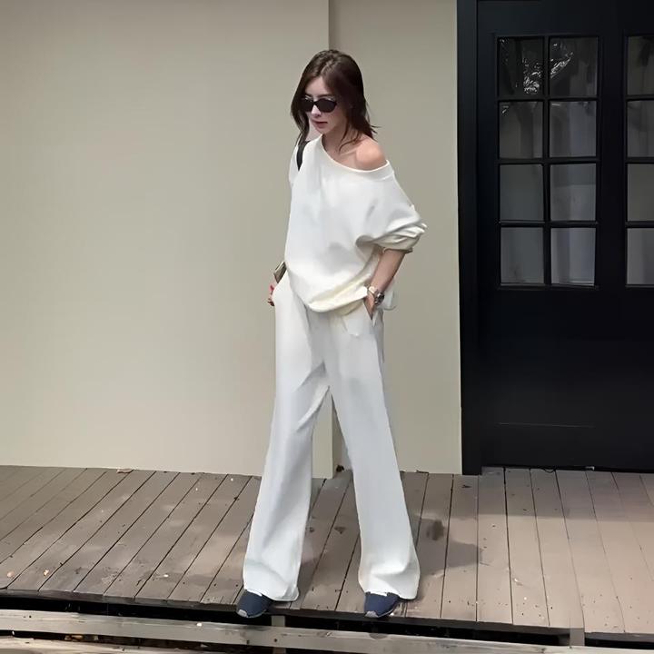 气质高级感时尚套装女2025初秋新款休闲白色斜肩上衣阔腿裤两件套