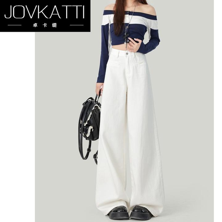 慵懒风白色高腰阔腿牛仔裤女2025秋冬小个子宽松直筒长裤