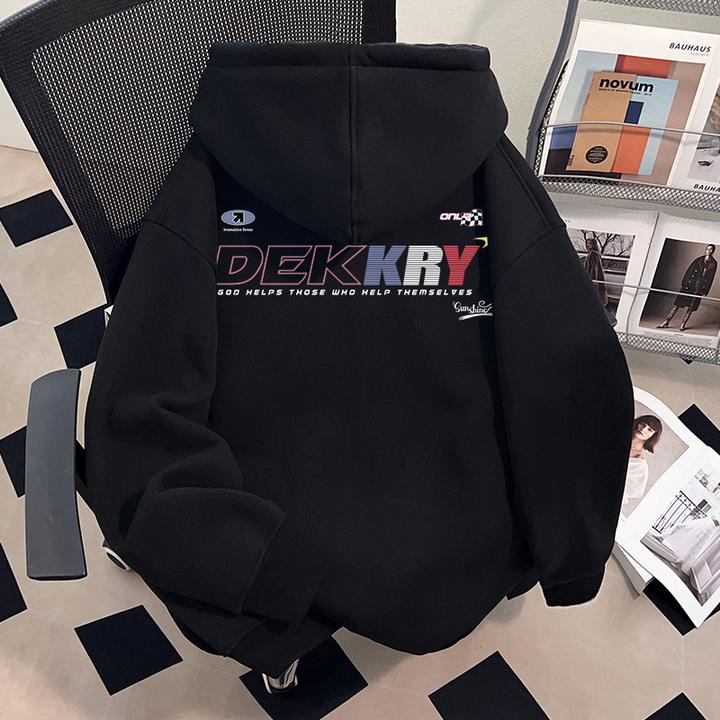 Dekkry潮牌设计字母印花秋冬加厚连帽开衫卫衣男女款百搭拉链外套