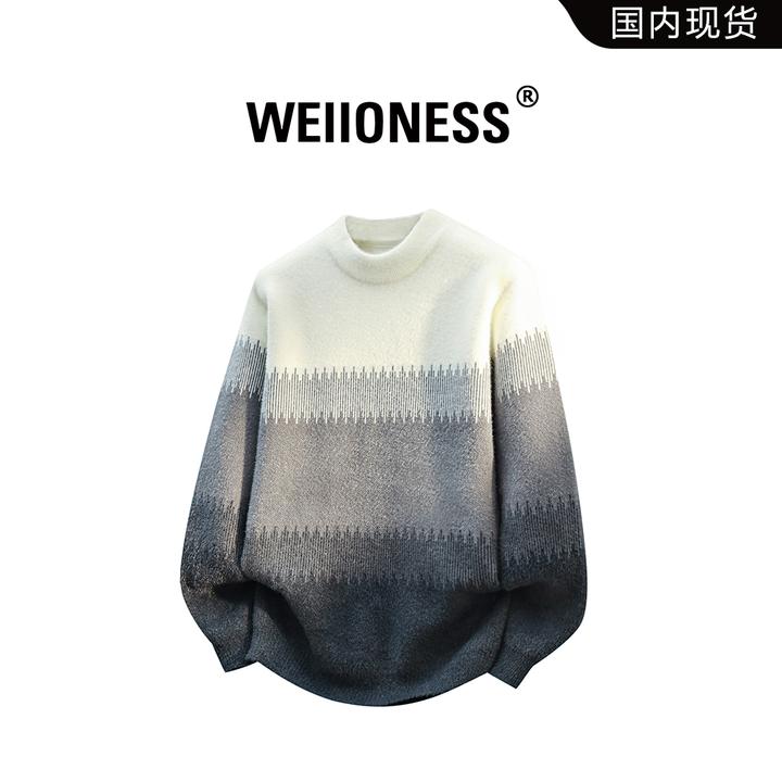 WEIIONESS韩系渐变条纹毛衣男士秋冬季仿貂绒宽松百搭针织衫上衣