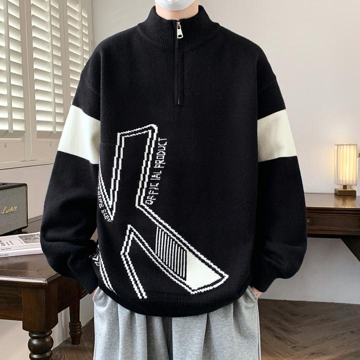 半拉链立领毛衣男士秋冬季潮牌撞色拼接打底线衣青少年针织衫外套