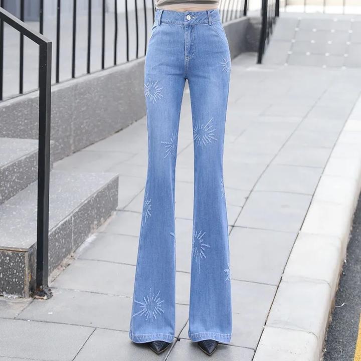 高腰弹力微喇叭牛仔裤女2025年春季新款显瘦阔腿垂感浅色喇叭裤子