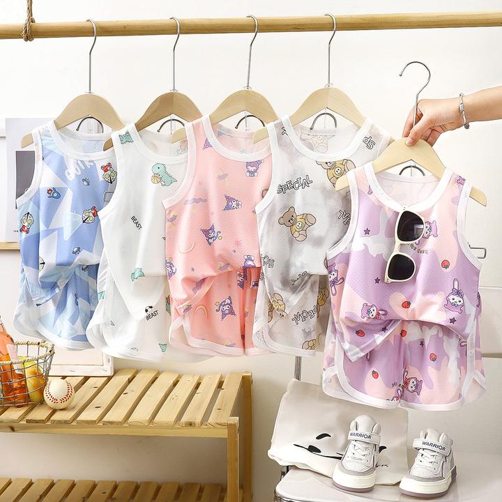 儿童冰丝速干背心套装夏季男女童宝宝薄款网眼透气无袖男女童套装