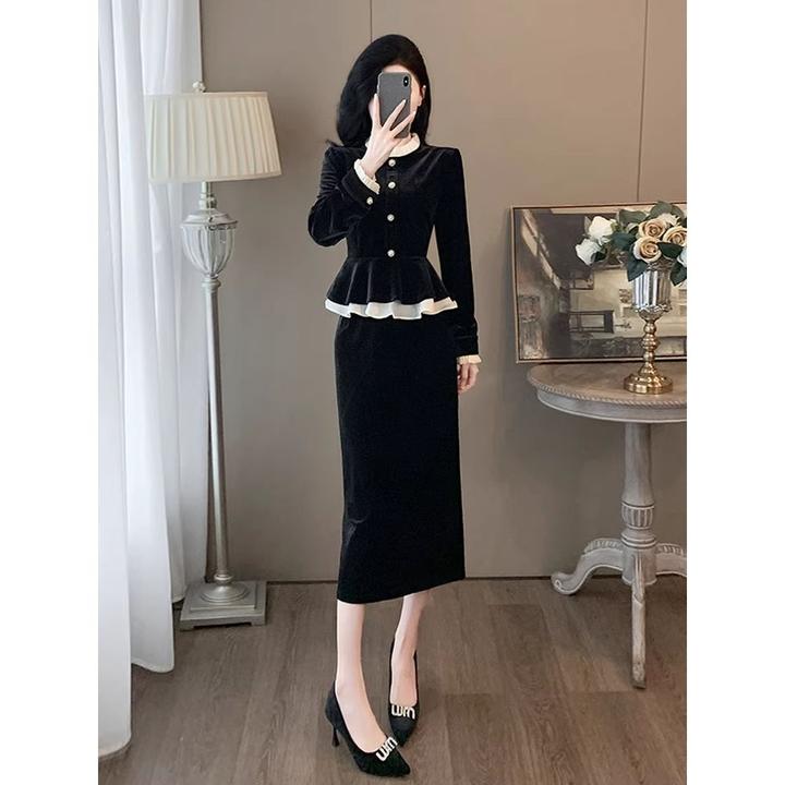 黑色金丝绒休闲套装裙女秋装韩系高级感穿搭洋气减龄半身裙两件套