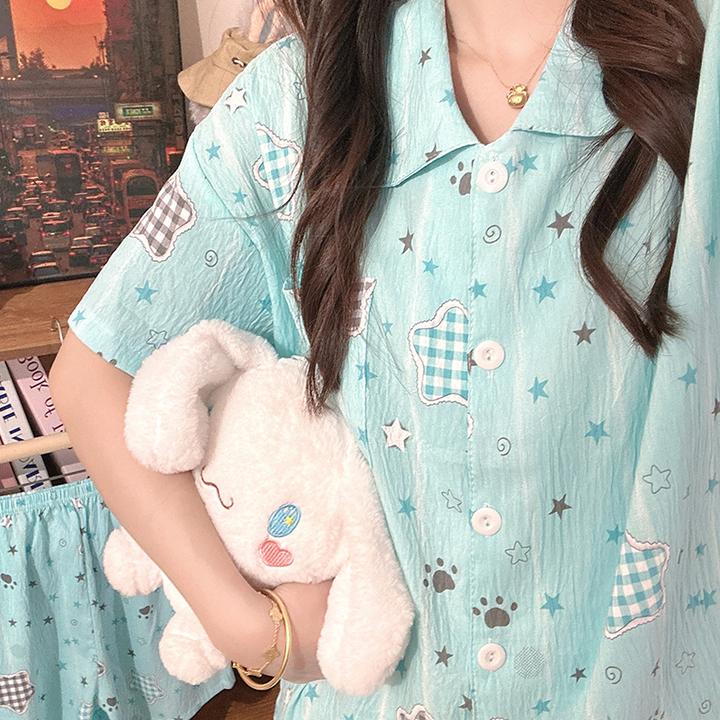 少女感可爱星空物语家居服女款2025新款夏秋季短袖甜美睡衣三件套