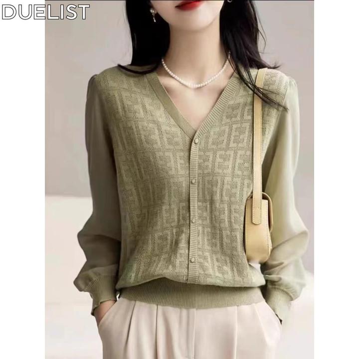DUELIST冰丝针织衫女士长袖夏季薄款外穿宽松镂空打底衫短款上衣