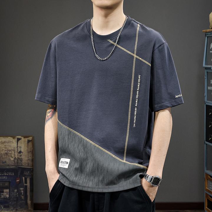 殿若设计感拼接短袖t恤男潮牌休闲纯棉上衣夏季新款宽松半袖体恤T