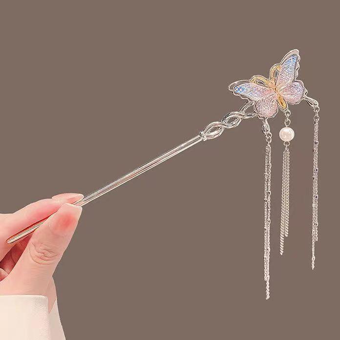 蝴蝶珍珠流苏发簪女夏小众高级感气质后脑勺盘发簪子古风汉服发饰