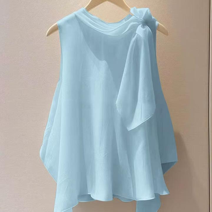 独特漂亮洋气高端别致小衫法式小上衣蓝色无袖衬衫2025新款女夏季