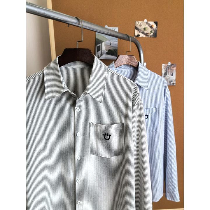 爆款翻领衬衫男士春秋季新款少年感条纹休闲长袖衬衣宽松叠穿外套