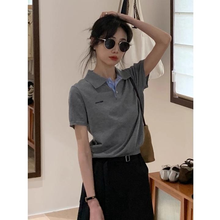 灰色Polo领针织衫冰丝薄款夏季短袖t恤女短款上衣设计感小众正肩