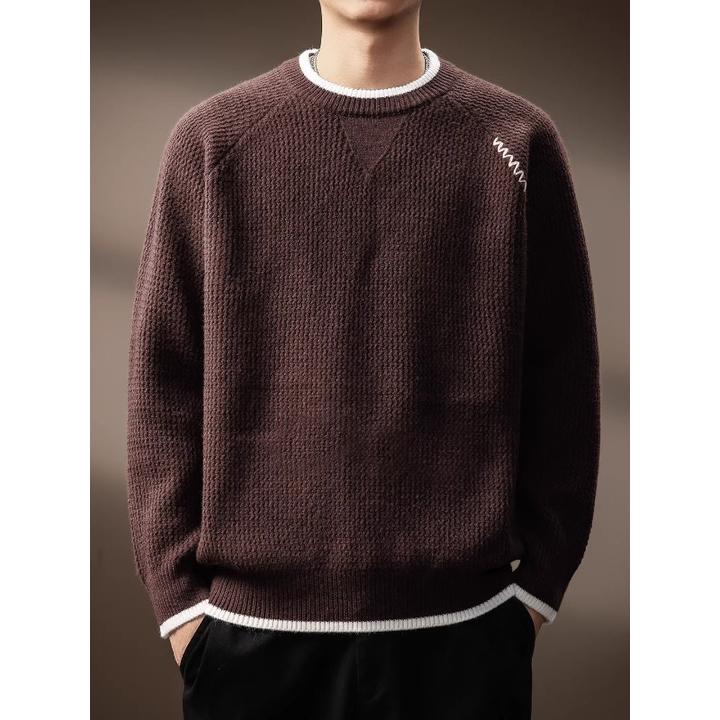 MR.MUDI/穆迪先生高端假两件拼色毛衣男士秋冬宽松百搭套头针织衫