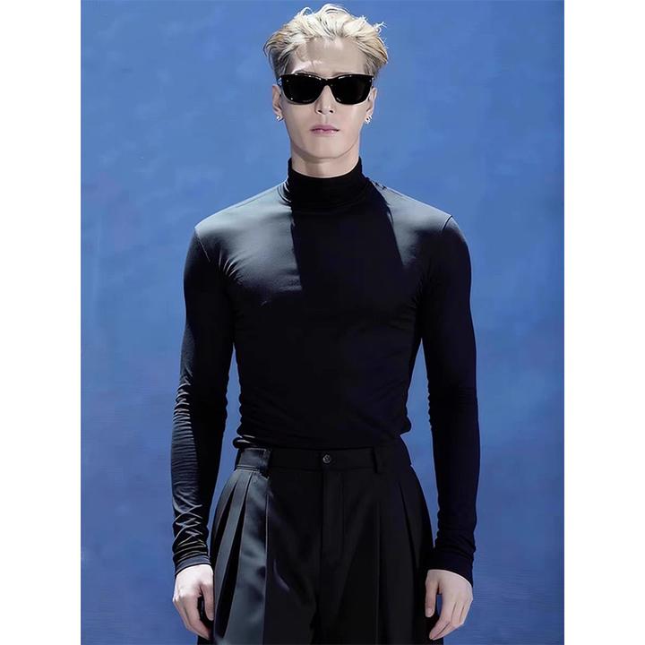 王嘉尔同款黑色德绒高领打底衫男秋冬季痞帅修身西装内搭长袖t恤