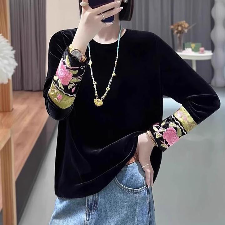 新中式国风叠穿打底衫女春秋高级感拼接刺绣丝绒显瘦长袖T恤上衣