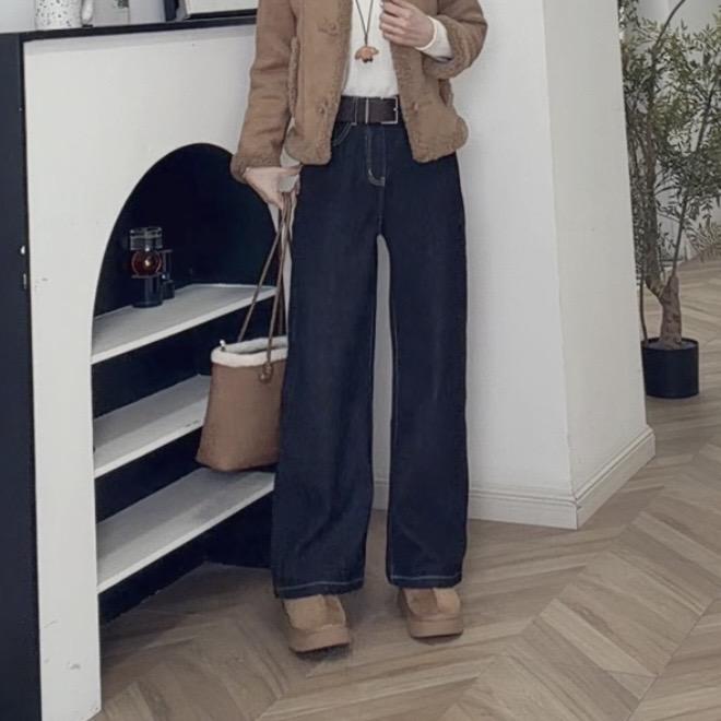 IEF/爱依服2025新款冬季韩版休闲纯色简约显瘦加绒牛仔阔腿裤