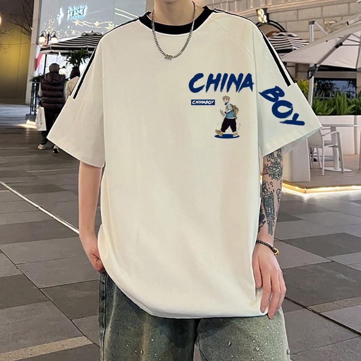 欧美式纯棉短袖t恤男生宽松大码上衣夏季新款潮牌运动休闲半截袖