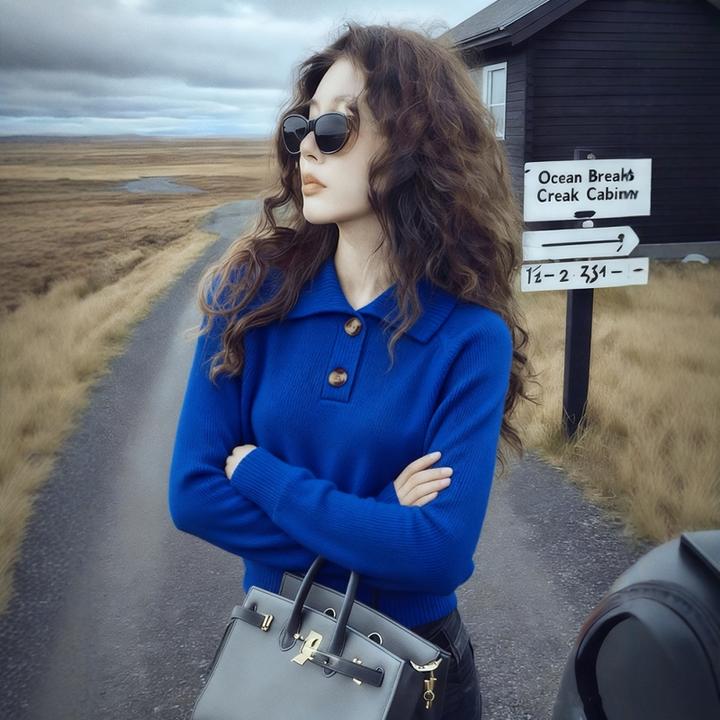 高级感蓝色翻领针织衫女秋冬洋气宽松短款内搭打底毛衣polo衫上衣